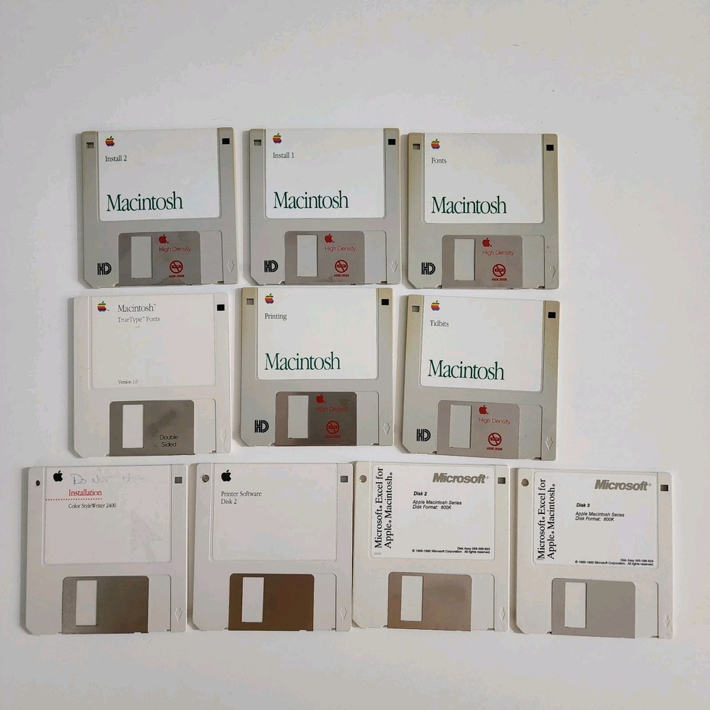 Vintage 1991 Apple Macintosh Disks Diskettes OS 7.0.1 Excel Tidbits Fonts Instal